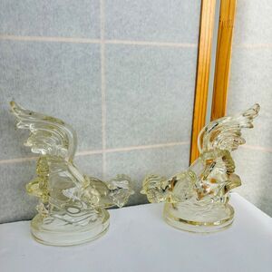Vintage Yellow Clear Glass Fighting Rooster‎ Book Ends Country Tail Up Farm